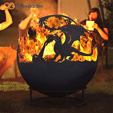 Corten Fire Sphere Roaring Laser-Cut Tragon Pattern